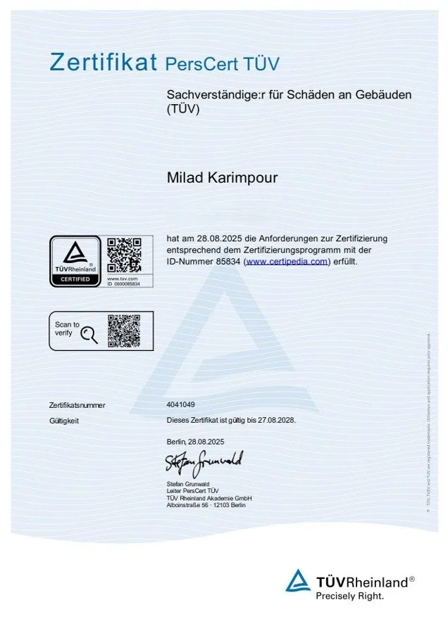 PersCert TÜV certificate: expert for building damage (TÜV), Milad Karimpour, certificate no. 4041049